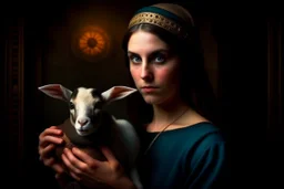 attractive woman with head of a goat, holding a human baby, baphomet