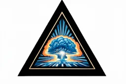 a nuclear explosion cloud, behind an orange glowing omega like shape, all inside an equilateral triangle, radiant lines, oil painting