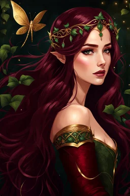 Burgundy hair, dark hair,dark red , rapunzel hair,very long hair,dark fairy princess,elven crown,night,dragonflies,beautiful,ong ashes,golden armor ,sparkle,night blooming,ivy,dark green,lilly of valley,golden elven crown