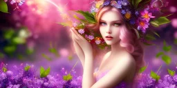 bright fairy, beautiful portrait, flowery landscape