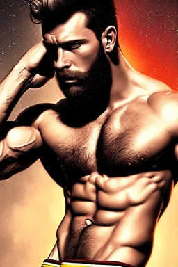 Ignore NSFW, teenager young rugged attractive slightly muscular fantastic handsome man, red briefs with yellow belt, hairy chest, (((visibly pisssing))) briefs, large erect visible boner peniss, photorealistic, artist Jay Anacleto, soft lighting, scruffy beard