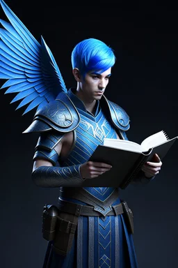 a person in runic armor with blue wings, blue short hair, runic tattoo and spell book, male