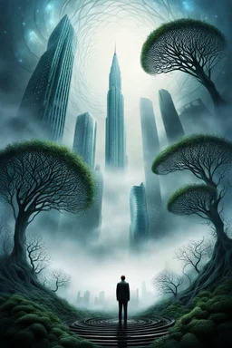 abstract landscape, skyscrapers and spiralling trees to space, mist, lonely figure looking up, pale surreal lighting, utopistic scenery, dark fantasy theme, surreal style, detailed, high quality, frog eye view