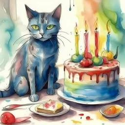 birthday party with a Malevolent cat next to the cake in watercolor paint