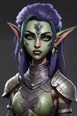 Create a young, perky, female humanoid githyanki. She has pale green skin, big dark purple hair, large dark black eyes, a few facial tatoos, pointed ears, dressed in armor.