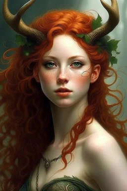 pretty girl, aged 19, ginger, conventionally attractive, realism, dreamy, tight top, faun, satyr, full length, curvy