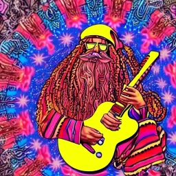 hippie Santa playing electric guitar, psychedelic, peace sign, MUSHROOMS, TRIPPY, ACID, LSD, dreadlocks