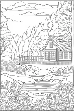 coloring page, woodland retreat, full view, realistic, coloring page, only draw lines, coloring book, clean line art, –no sketch, color, –ar 3:4, white background, minimalistic black lines, minimal black color, low level black colors, coloring page, avoid thick black colors, thin black line art, avoid colors, perfect shape, perfect clear lines,