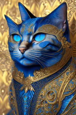 cat, blue and gold tones, insanely detailed and intricate, hypermaximalist, elegant, ornate, hyper realistic, super detailed, by Pyke Koch
