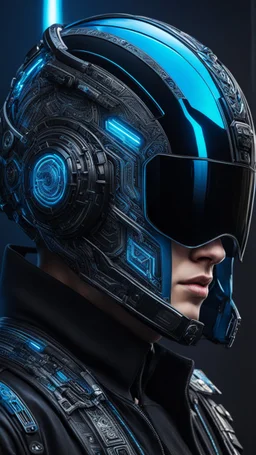 Someone wears a black glass Cyberpunk helmet , full helmet cover , Changshan, black and blue color, cyberpunk drawing style, neon, intricate details, highly detailed, high details, detailed portrait, masterpiece,ultra detailed, ultra quality