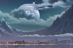 moon, night, clouds, distant modern contemporary city, lake, sci-fi, boat, epic