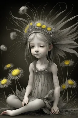 pencil and charcoal sketch of a cute happy little dandelion fairy girl, Mucha inspired emotional nature ephemeral sculptures of Andy Goldsworthy, tiny human form, essence captured as if created by surrealist photographer Noel S Osvald rendered in bright ombre colors, mixed with influences by John Bauer and Tim Burton, faded dark grey background, minimalistic art, with details that reflect advanced rendering techniques that push the drawing's realism even further Modifiers: trending on Artstation