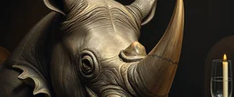 close up portrait painted by Rembrandt, stupid looking furry dragon rhino at banquet
