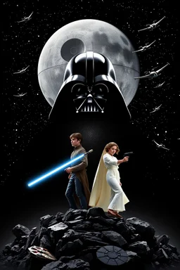 black background onto which the outline of darth vader, standing filled with stars nebula and the Death Star is large within, in front in poses from the original star wars posters is Luke Skywalker with lightsaber and Princess Leia Organa with laser pistol both in white clothing atop crumbling stone, the millenium falcon and x-wing fighters and tie-fighters flying among the stars, do not show darth vader's face