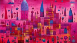 A purplish magenta dream realm with spaceships designed in ancient Egyptian architectures and sculptures painted by Paul Klee