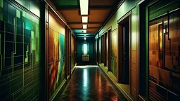 noisy color photograph of a liminal space in the style of MC Escher, hallways, minimalist, oddly familiar, cinematic, dramatic lighting, soft vintage glow, floating liquid, stretching to walls, supernova inside facility, scared faces emerging from darkness
