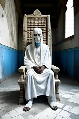 portrait of tall god looks like human but 4 times bigger than normal humans with shining eyes in aba, clothes like Arabs in temple. Their face is covered in white shall only their eyes are out. Sitting on a stone chair by Dali