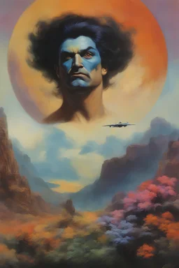 mugshot, Planet of the Vulcans, multicolored, large, floral designs, atmospheric, beautiful, oil painting by Frank Frazetta, 4k UHD, Photorealistic, professional quality