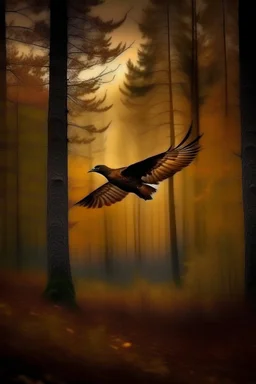 Mostrar pájaro marrón volando en bosque al amanecer como Vincent van gohn