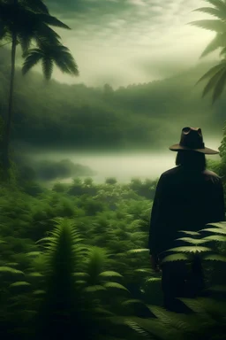 an anonymous man facing towards fantasy jungle lake marijuana trees