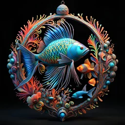 3D rendering of Expressively detailed and intricate of a hyperrealistic “neon vintage ornament”: side view, scientific, single object, vivid colour, fish, sea creatures, black background, shamanism, cosmic fractals, octane render, 8k post-production, detailled metalic bones, dendritic, artstation: award-winning: professional portrait: atmospheric: commanding: fantastical: clarity: 16k: ultra quality: striking: brilliance: stunning colors: amazing depth