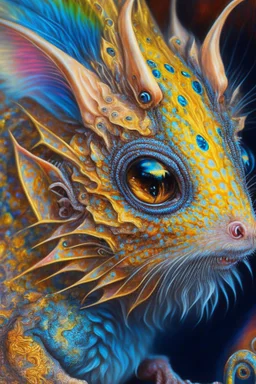 Hamster dragon alien fused,highly detailed, sharp focus, elegant, ultra reallistic, intricate, oil on canvas, beautiful, high detail, crisp quality, colorful