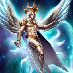 God-like man with infinite power who owns the galaxies and wears a beautiful crown, a jewel of diamonds and galaxies with weapons riding on a creature with an eagle head and eagle wings and eagle hands