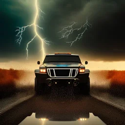 hyperrealistic shot, off-road truck, speeding, earth color palette, sharp focus, puddle reflection, tire water splash, refraction, rain and lightning on the horizon, shadowcast, detailed and intricate, cinematic composition, micro, tilt shift photography