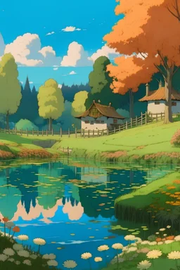 a farm, with some trees, a lake, flowers, ghibli style