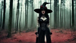 The Dark Lord's Granddaughter is a witch with her bloody fangs, covered by tattoos and lace agent provocateur dress [vintage style noisy scratches glitches, Shot the texture and then rewound the film and double exposed from a 1970 B series movie] in the forest in front of her Hutt with her pointed hat