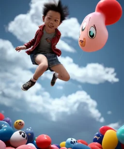 Ultra realistic speed clouds sky scene, wide angle view, childs falling down with many Childs background, rabbit head, inflatable monsters, circus dress style, feather color, free jumping flying, many trinkets, hair monster, many jelly beans, balls, color smoke, smile, happy, extreme, wind, clouds sea, 20,000 feet altitude, stratosphere, soft color, highly detailed, unreal engine 5, ray tracing, RTX, lumen lighting, ultra detail, volumetric lighting, 3d, finely drawn, high definition.