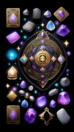 There is a magic amulet in the center around it there are magic stones, tarot cards on a black background