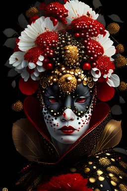 Beautiful bioluminescense black and red Harlequin Ladybug portrait, adorned with white hydrangea flower and Golden dust beads, wearing diadem headress and and lady bug insect masque Golden black red white and red Renaissance costume, organic bio spinal ribbed detail of Renaissance floral Golden dust creative background maximálist hyperrealistic concept art