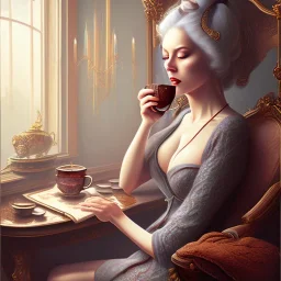 fantasy art, book cover, sexy old woman drinking tea by the mirror