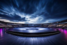 a big open empty disko stage in modern city in a very big square in midnight , at distance,cloudy sky .