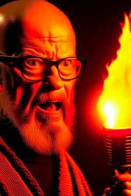 Firestarter animateur radio hardrock with a microphone. He has no hair. He has a thin beard. Je has glasses. He's about 50 years. Seems angry. Flames all around