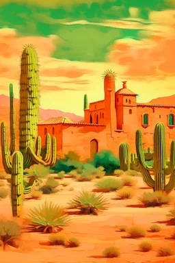 A light rosy orange colored desert with a cactus palace painted by Vincent van Gogh