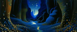 A dark blue cavern covered in ooze designed in Navajo woven art painted by Grant Wood