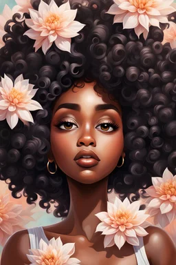 Create a expressive oil painting art cartoon image of a curvy black female looking up with her eyes close. Prominent make up with lush lashes. Highly detailed tight curly large black afro. Her hand is touching her face while she embraces the calmness. Background of white and peach dahlia flowers surrounding her