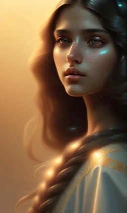 Arab teen girl , poetess , cute, beautiful, long hair, wavy hair, black eyes, head and shoulders portrait, cinematic, 8k, resolution concept art portrait by Greg Rutkowski, Artgerm, WLOP, Alphonse Mucha dynamic lighting hyperdetailed intricately detailed