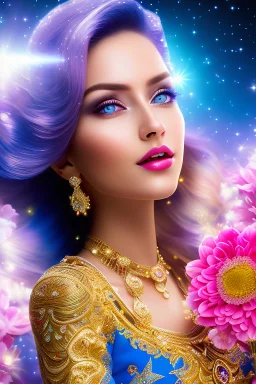 Beautyful smiling young woman, long hair amazing blue eyes, flowers, happy cosmic, bright colors, blue, pink, gold, jewels, realistic, photo real, clear sunny background, highly detailed, high contrast, 8k high definition, unreal engine 5, extremely sharp detail, light effect, sunny light backgroundgold, jewels, realistic, photo real, clear sunny background, highly detailed, high contrast, 8k h