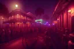 bar, New orleans , mardi gras, night time , unity, scriptable render pipeline , red tone, volumetric lighting.