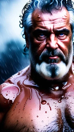 full figure photography of a serious wet dirty muscular ugly chubby sweaty 60 years old strong sardinian shepherd sitting under the rain , bulge, manly chest, beard, curly hairs, photorealistic, 4k, misery, poverty, emotive eyes, daylight