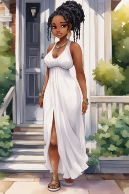 Create an watercolor image of a curvy chibi black female wearing a white maxi sundress with black sandals. Her hair is highly detailed with black long locs in a messy bun. Prominent make up with brown eyes. She is wearing diamond hoop earring and jewelry. She is standing on the front porch of her house.