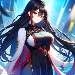 girl, masterpiece, best quality, volumetric lighting, detailed outfit, perfect eyes, long hair, black hair, red eyes,