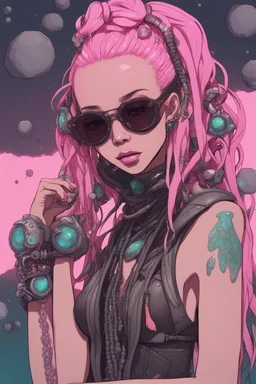 entire body mermaid cyberpunk some fish scales on face pink hair dreadlock sunglasses gem in front