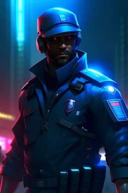 Un agent de police américain cyberpunk qu frappe une personne. Sans arrière plan.