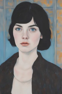 A fine art oil pastel drawing by Hope Gangloff of the full figure portrait of a uniquely beautiful 20 year old young woman with pale skin and short tangled jet black hair and piercing pale blue eyes, featured in artforum, hyperrealistic drawing, 100% modern conceptual art