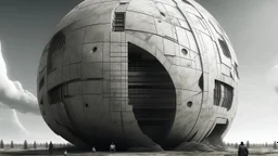 edificio diseñado con Esfera ,de Panel prefabricado de hormigón + Marmorino, fondo natural neutro con alguna persona, animal o vehículo, estilo gráfico Analog horror architecture