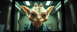 airbrush and pen outline, extreme close up on cheeky fluffy weasel goblin alien military prison guard news anchor elf family scumbag in the style of Escher and Giger and Fallout 4, pinhole cam, airbrush 3d rendering, on tv screen:A five-second cinematic single take in a clean industrial presentation hall.